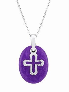 Genuine Purple Jade Cross Pendant Necklace Solid .925 Silver